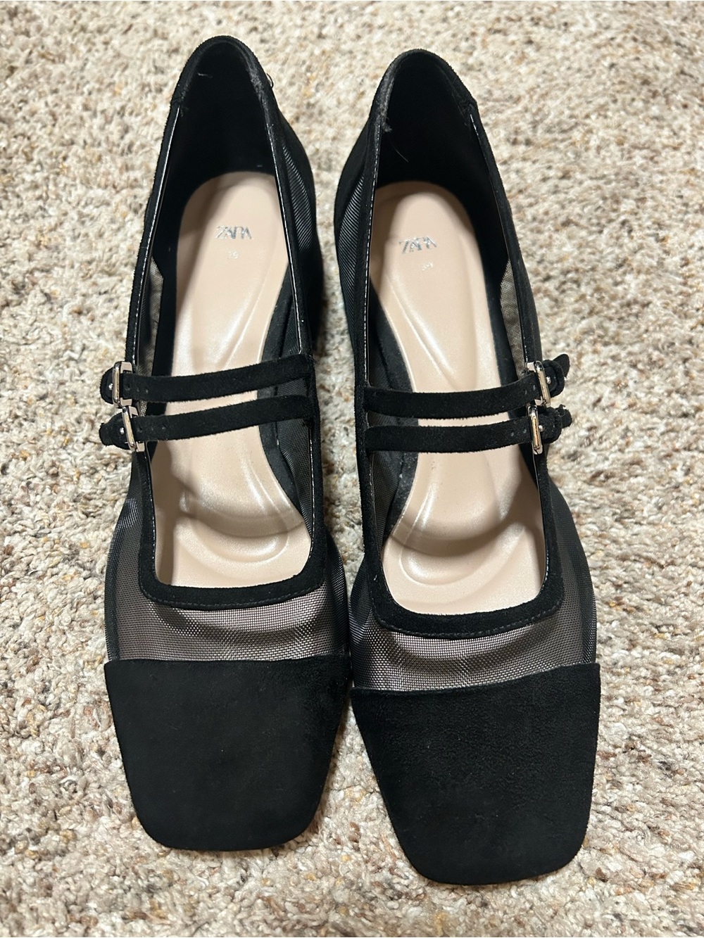 Zara Black Mesh & Suede Double-Strap Block Heels